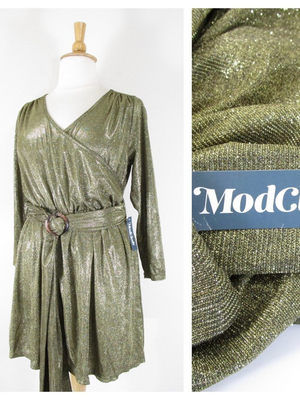 Modcloth Plus Size Gold Metallic Faux Wrap Belted A-line Party Formal Dress 1X